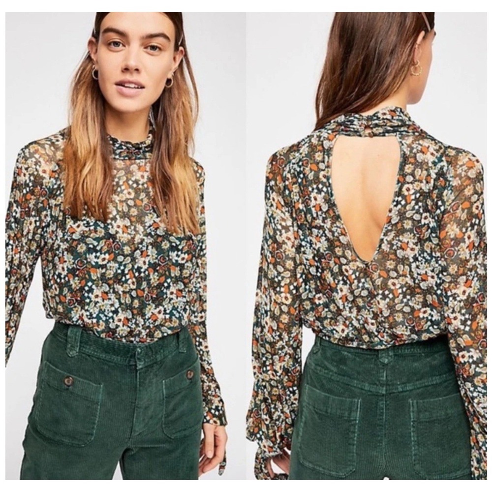 Free People All Dolled Up Crop Top Blouse Floral Greens Fall Fashion SZ: Medium